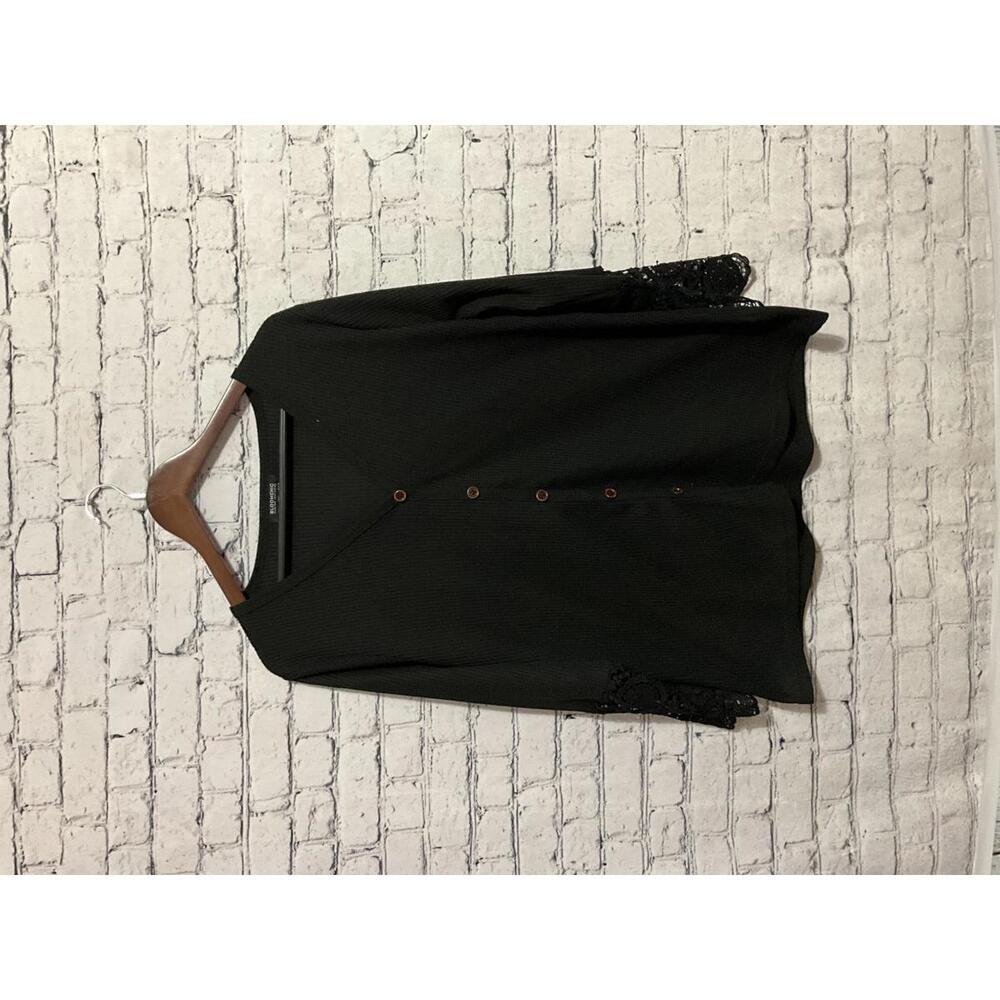 BloomChic Black Button-Up Knit Top‎ with Lace Sleeve Detail